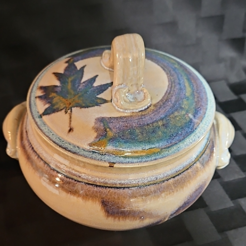 Randy Pearsall Signed Maple Leaf Art Pottery Lidded Casserole Dish, Handcrafted